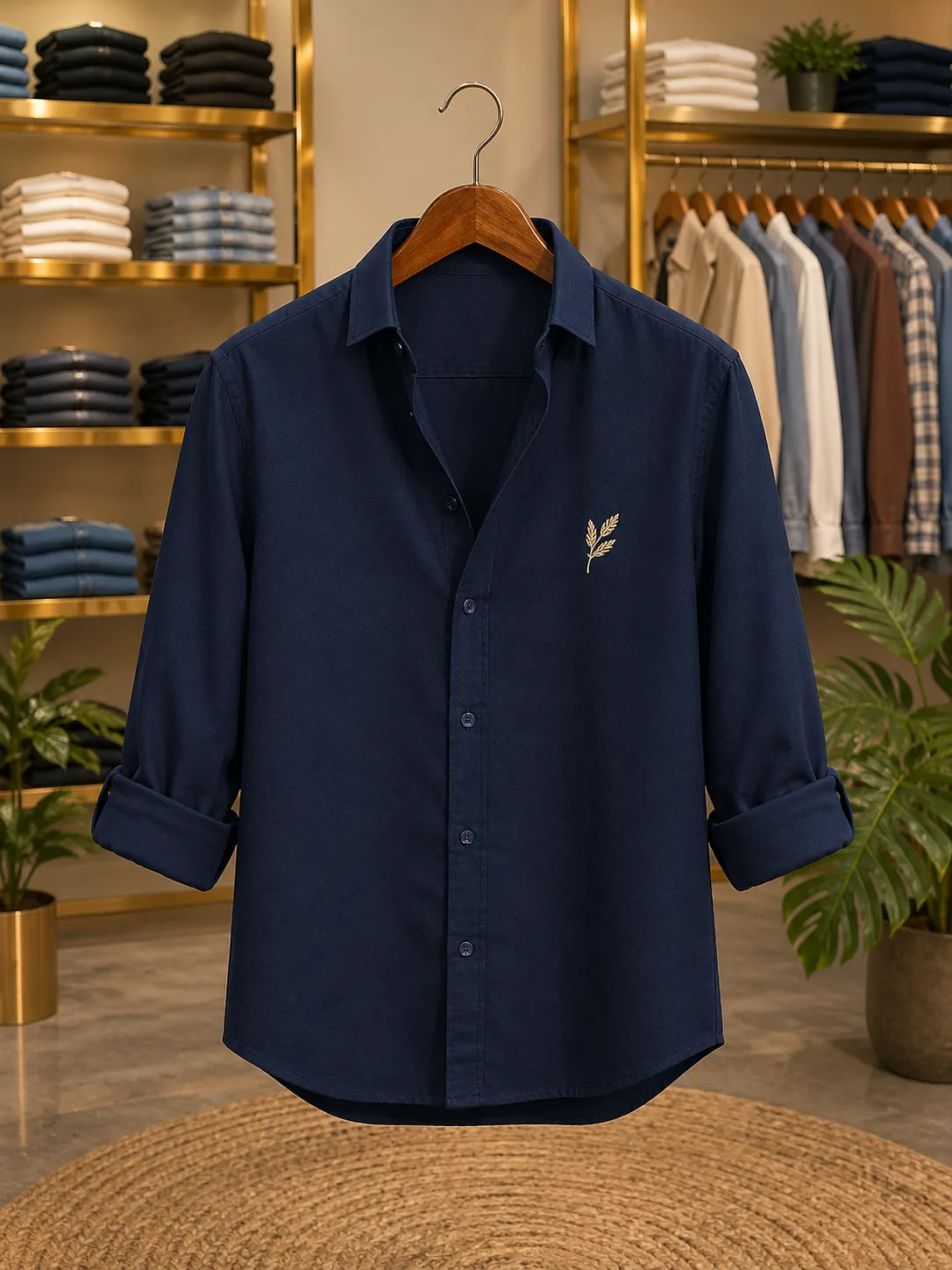 Men's Navy Blue Smart Casual Embroidered Shirt